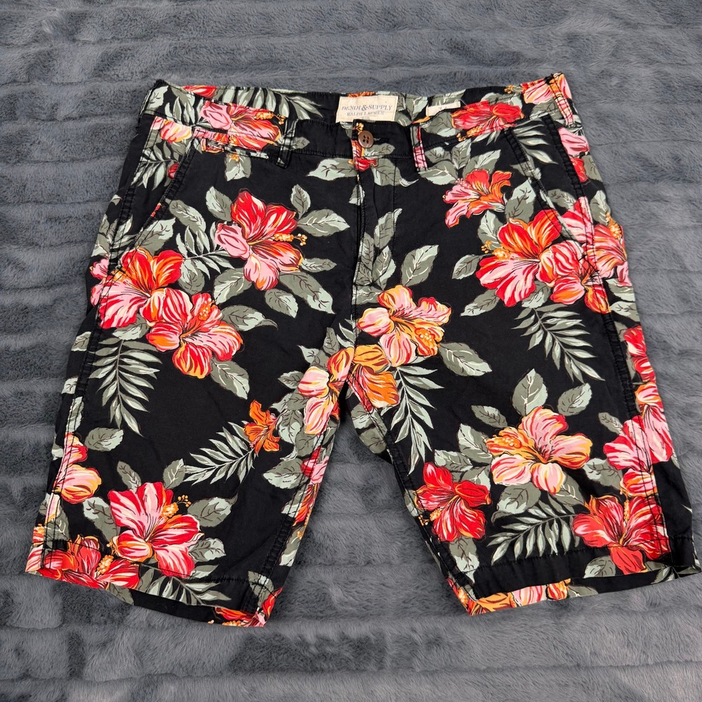 Denim & Supply Ralph Lauren Mens Black Floral Hibiscus Tropical Cotton Shorts 34